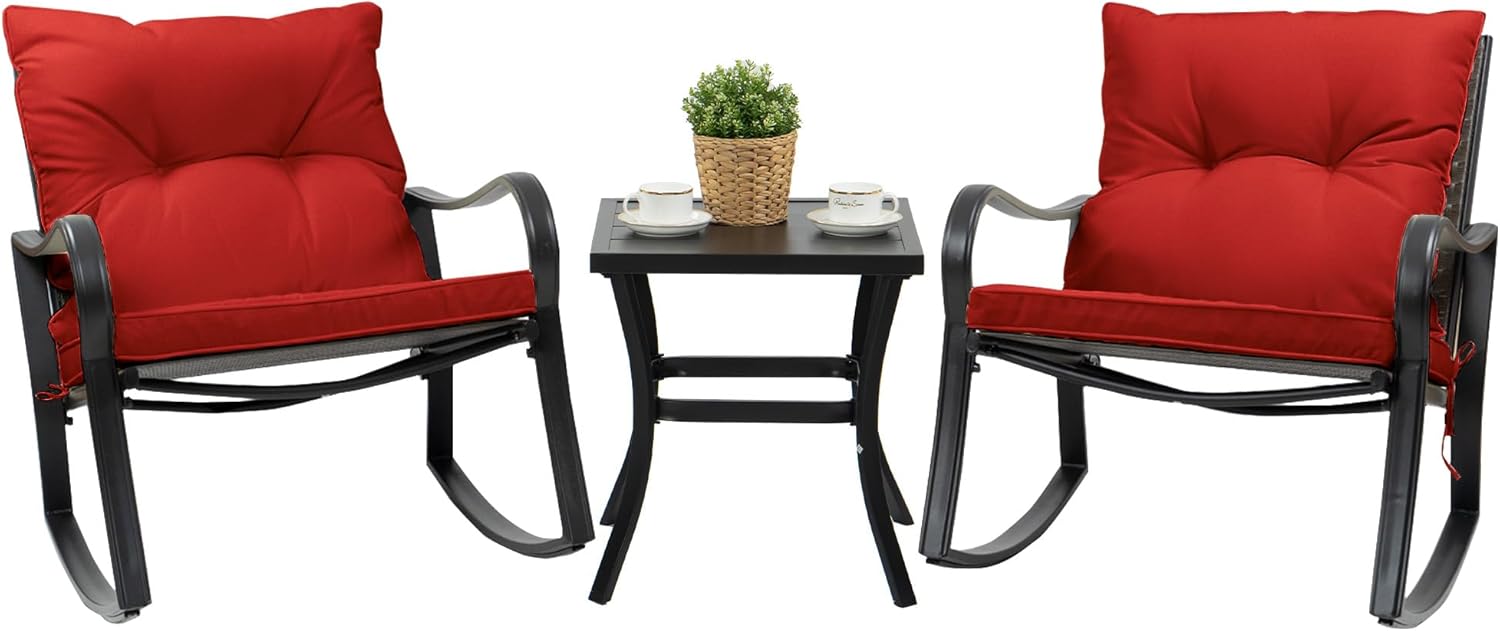 Kozyard 3 Piece Outdoor Rocking Chairs Patio Bistro Set with Coffee Table and Cushions, Patio Wicker Rocking Chair Furniture Set for Garden,Porch,Backyard, Bistro
