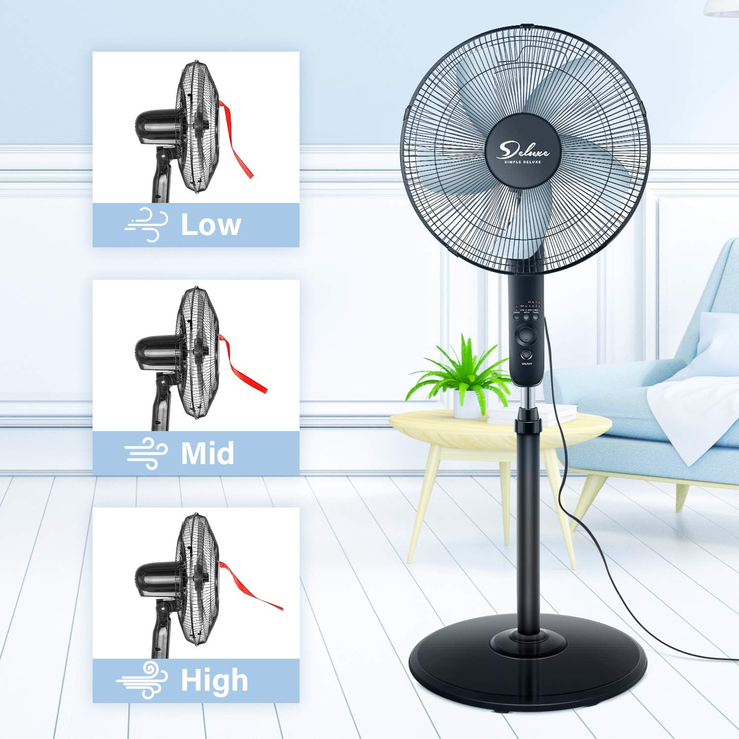 Simple Deluxe Oscillating 16″ Adjustable 3 Speed Pedestal Stand Fan with Remote Control for Indoor, Bedroom, Living Room, Home Office & College Dorm Use, 2 Pack, black