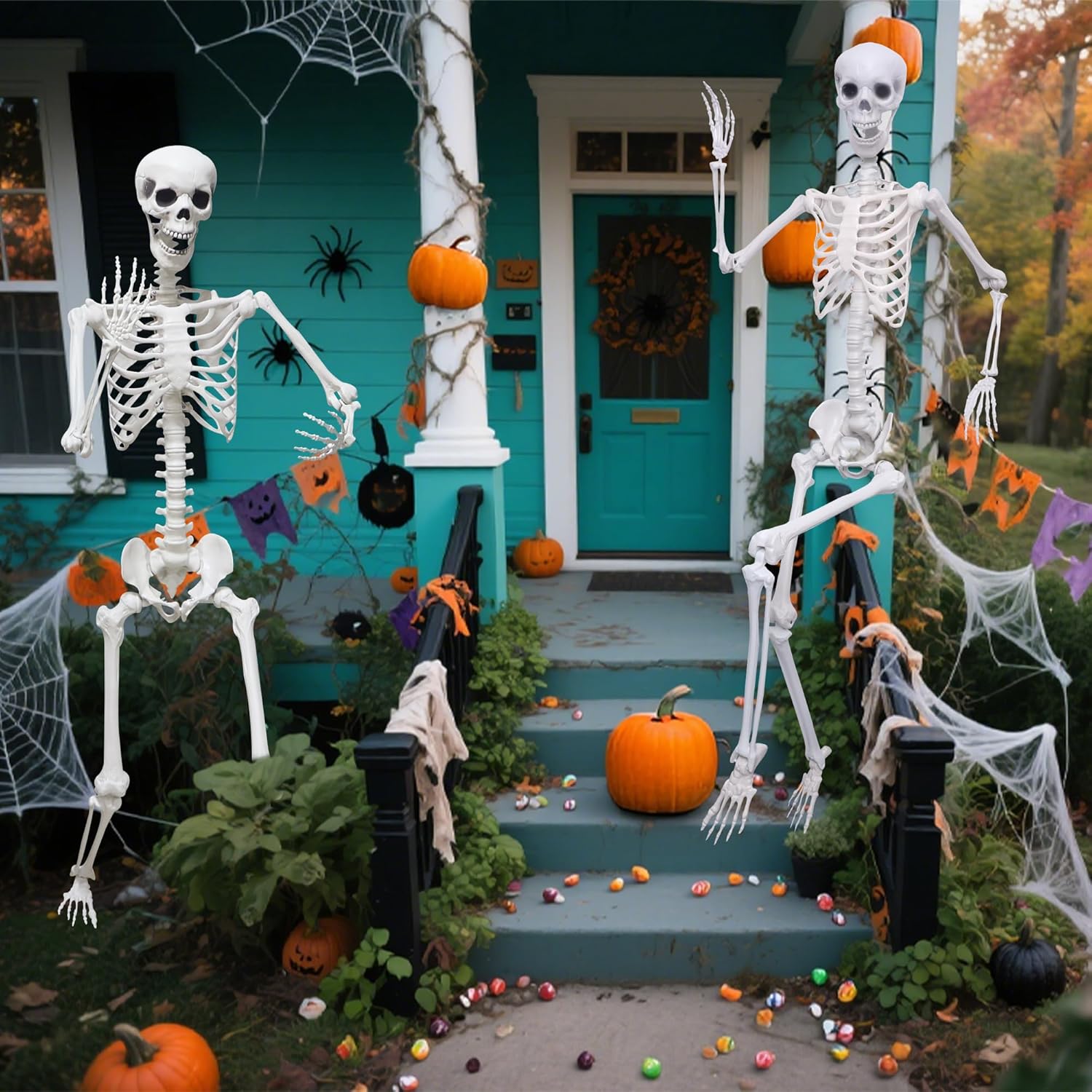 Halloween Skeleton Decorations,5.9Ft Life Size Skeleton 2PCS Posable Skeleton Full Size Plastic Human Skeleton with Movable Joint for Halloween Outdoor Indoor Decor (Grey, 5.9Ft)