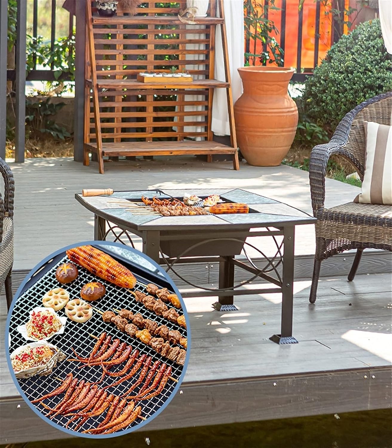 Garden Fire Pit Grill Bowl Grill Barbecue Rack Outdoor Fire Pit Square Wood-Burning Fire Pit Bowl, Garden Outdoor Heater, Barbecue Kit for Backyard Patio Courtyard