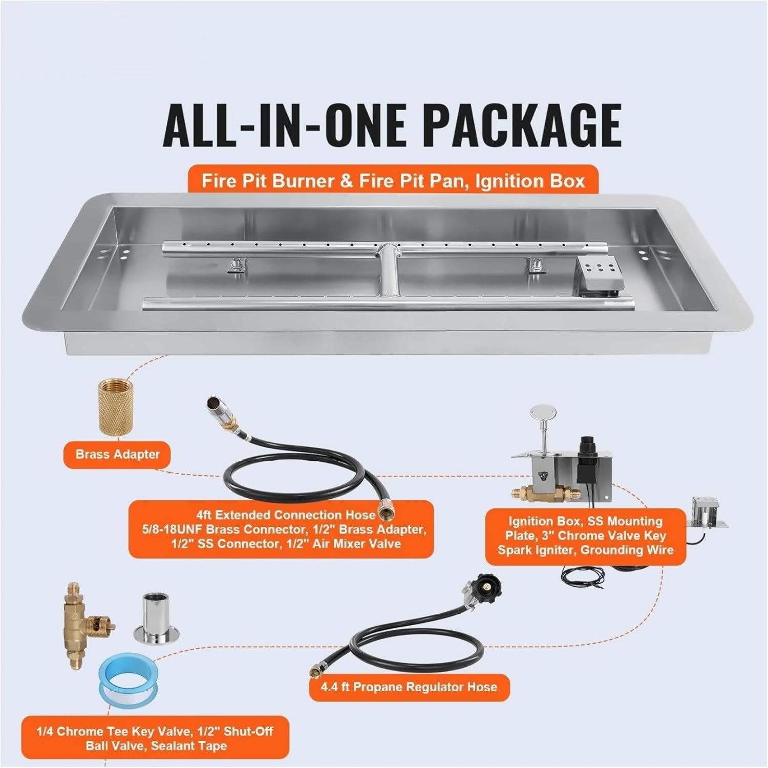 36 x 12 inch Drop-in Fire Pit Pan, Rectangular Stainless Steel Fire Pit Burner Kit, Natural & Propane Gas Fire Pan 150,000 BTU with H-Burner for Indoor or Outdoor Use