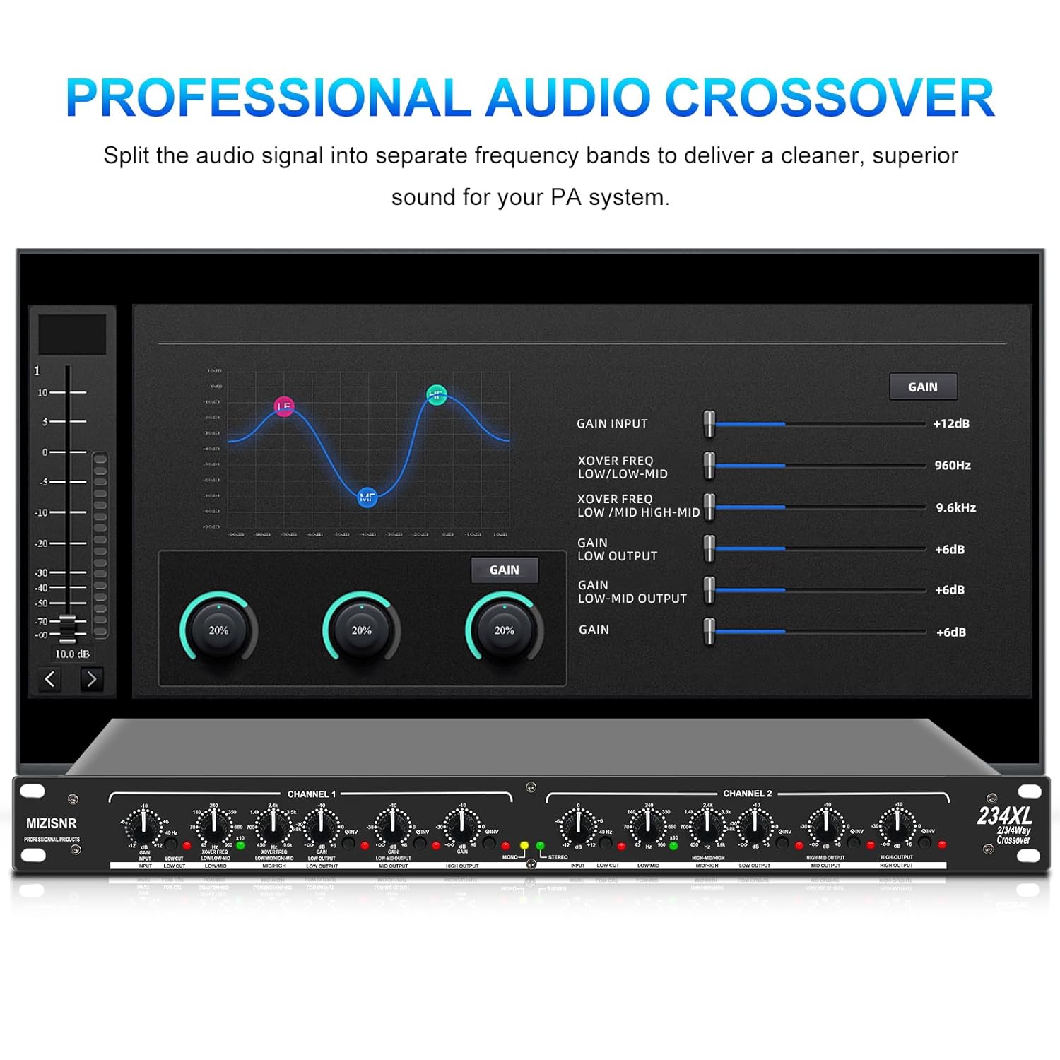 Professional 2/3 Way Stereo/4 Way Mono Crossover with XLR Input and Output, Stereo Audio Sound Processing for PA System with Subwoofer