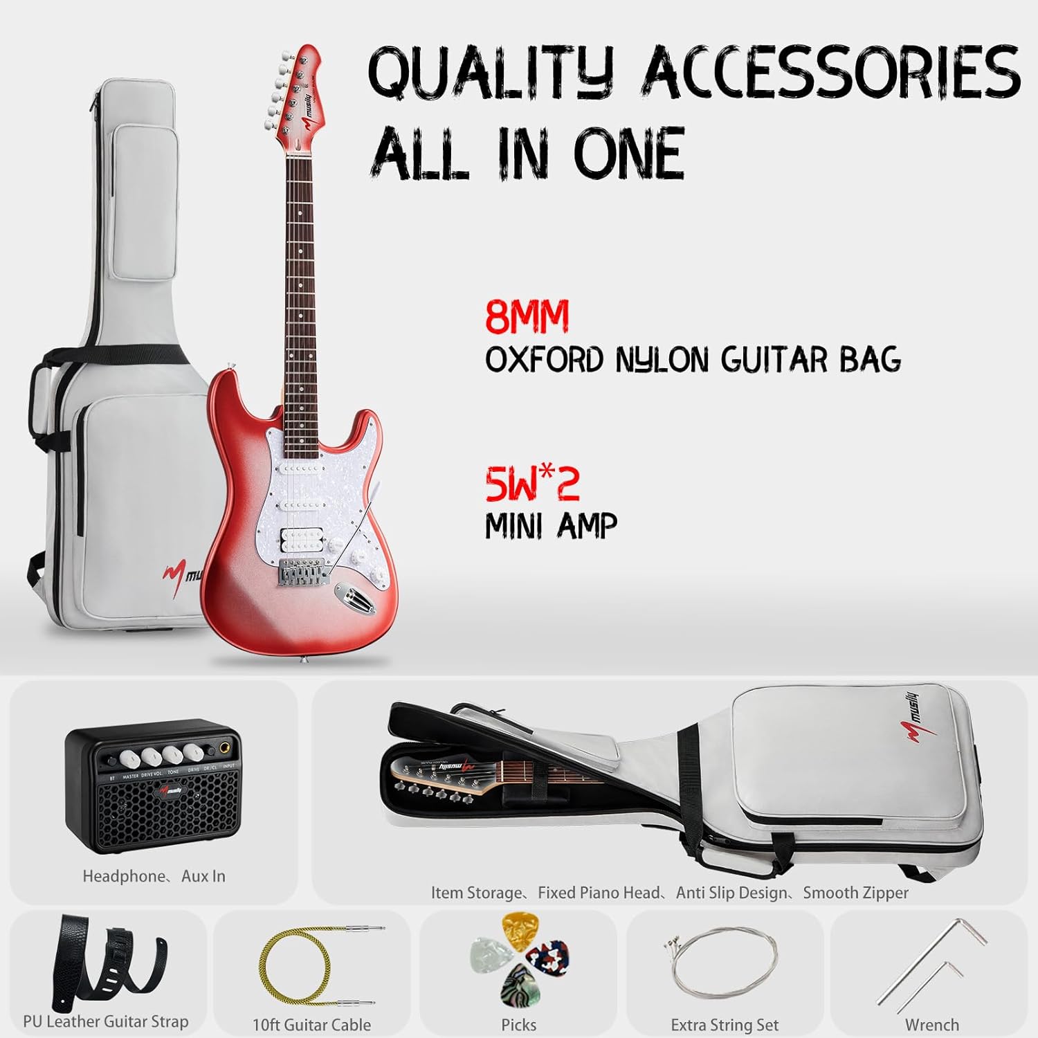 MST-1 39 Inch Electric Guitar Kit, Beginner Starter Full Size Solid Body Electric Guitar With HSS Pickups, Gig Bag, Amplifier, Strap, Cable, Picks, String (CandyAppleBurst)