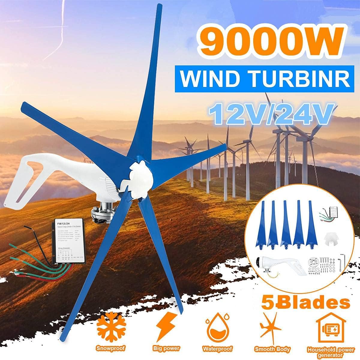 9000W Horizontal Wind Generator 24V 5 Blade Wind Turbines Generator Windmill Energy Turbines Charge Horizontal Wind Generator