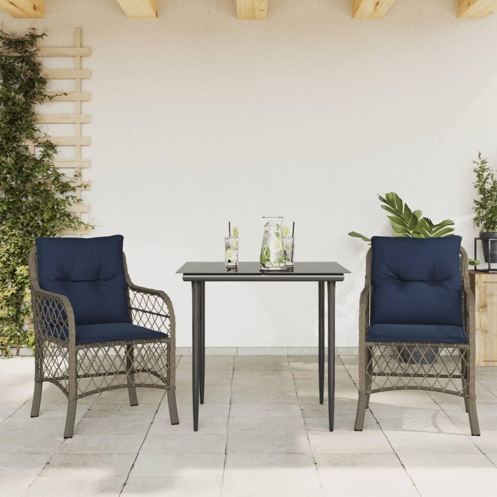 3 Piece Bistro Set with Cushions Gray Poly Rattan,Sturdy Rattan Patio Bistro Set with Washable Cushions for Outdoor Use Patio Furniture Sets, Outdoor Furniture Sets