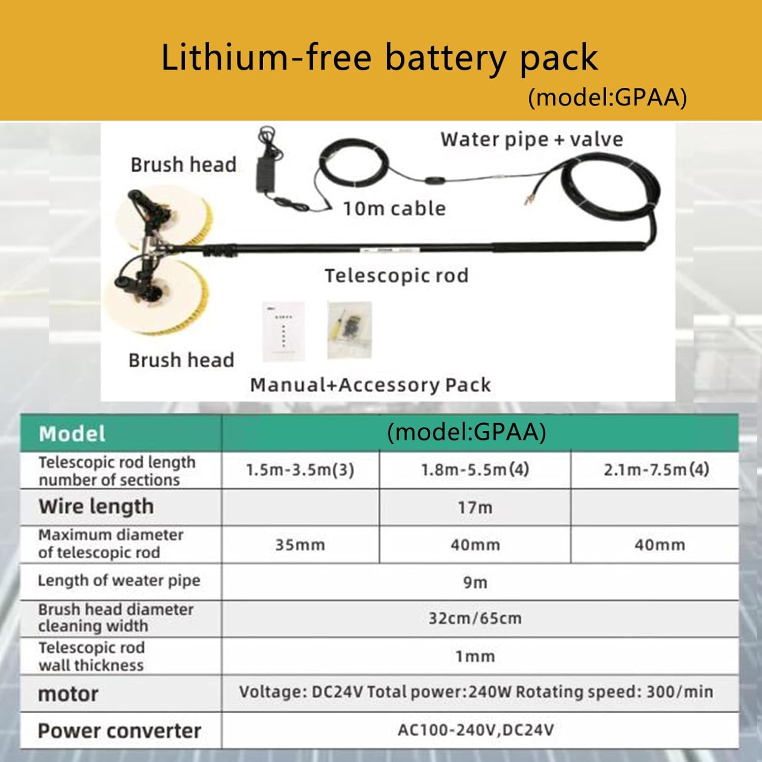 Telescopic Rod PV Panel Wash Cleaning Machine, Double Head Solar Panel Cleaning Equipment Solar Cleaner Robot,Solar Panel Cleaner,Electric Water Fed Pole Kit,GPAA3.5M