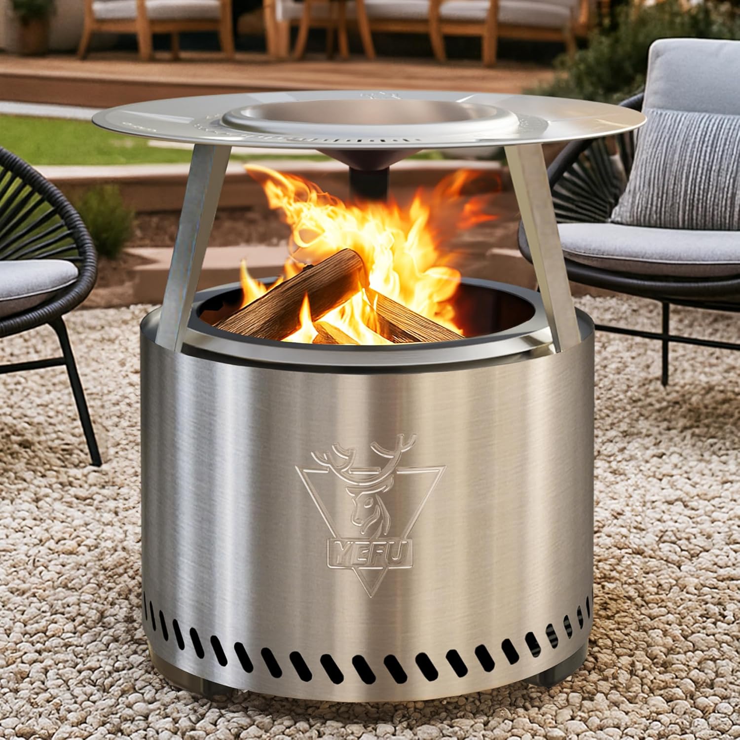 YEFU Smokeless Firepit & Heat Deflector: 304 Stainless Steel Fire Pit with Heat Diffuser for Solo Stove Bonfire - 19 inch Smokeless Fire pits Set for Outside Outdoor Patio Camping Backyard