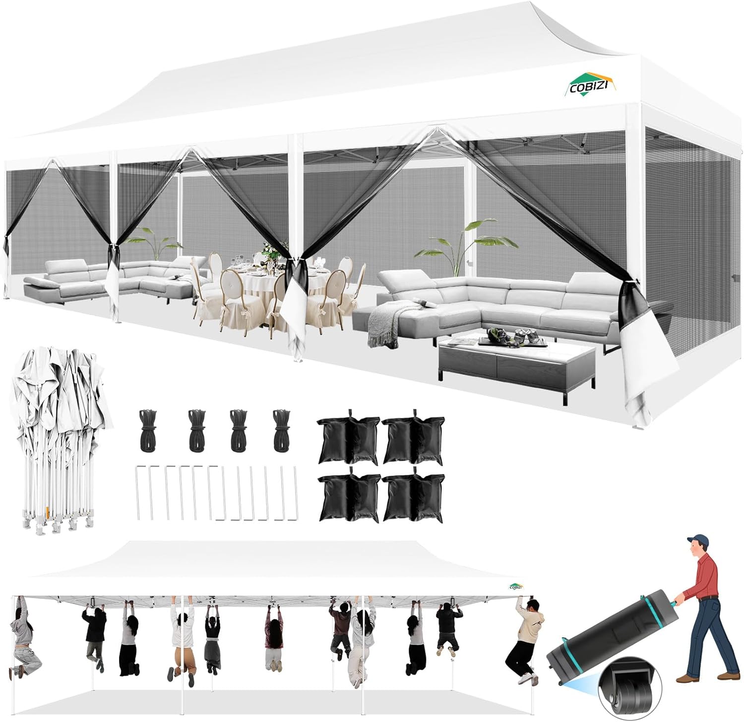 COBIZI 10x30 Canopy Tent with 8 Sidewalls,Heavy Duty Pop up Canopy Party Tent with Mosquito Netting,Easy up Screen Canopy for Parties Wedding Outdoor Patio with Roller Bag,Sandbag,White