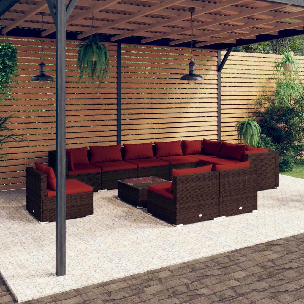 11 Piece Patio Lounge Set with Cushions Poly Rattan Brown,Relaxing Retreat: Durable Poly Rattan Patio Lounge Set with Cozy Cushions Patio Furniture Sets, Outdoor Furniture Sets