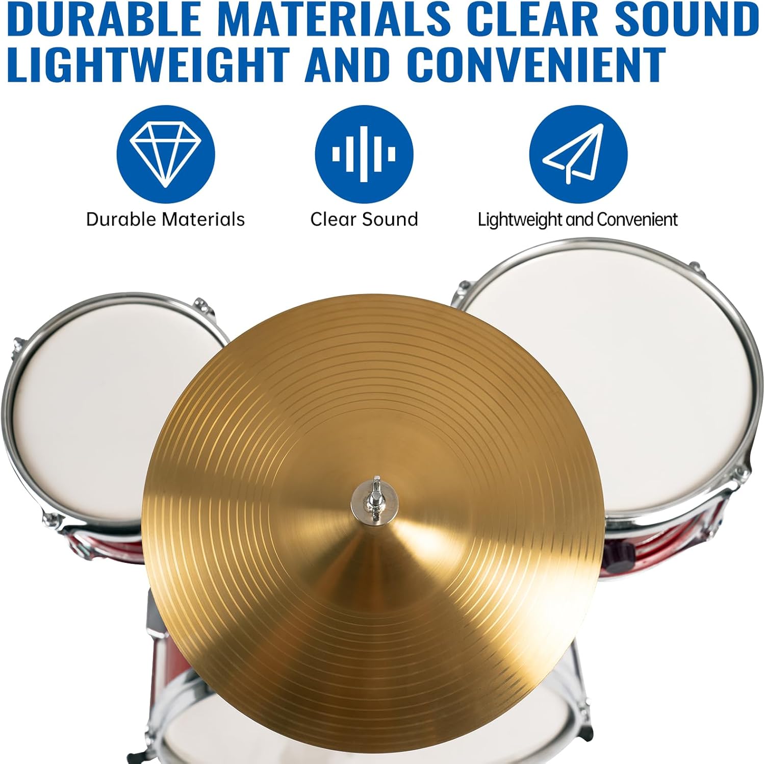 MOSEN Drum Set 3-Piece Beginner Drum Set Junior Drum Kit with Adjustable Throne, Cymbal, Pedal & Drumsticks Drums with Bass Tom Snare Drum - Blue