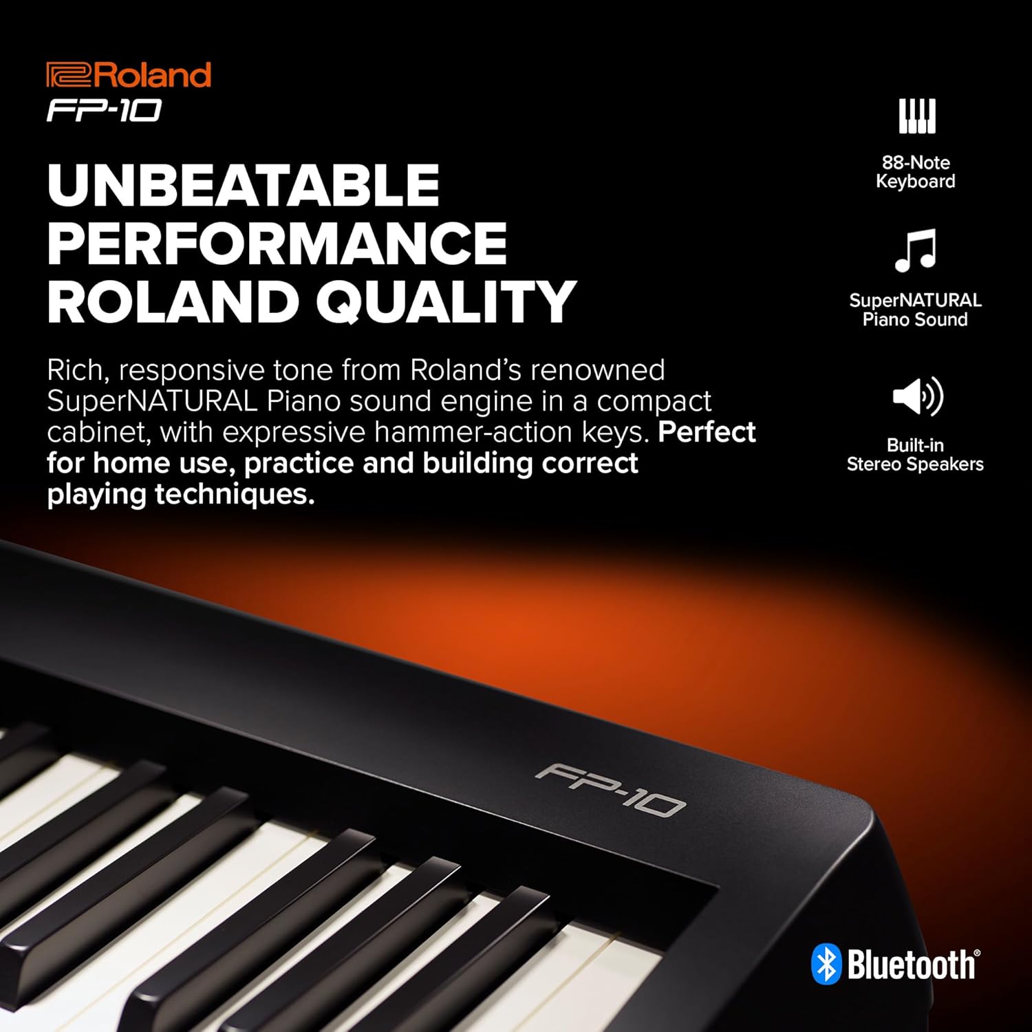 Roland FP-10 | Compact 88-Note Digital Piano | SuperNATURAL Piano Tones | Authentic Acoustic Feel Keyboard | Great for Beginners & Experienced Players | Bluetooth & MIDI Connectivity