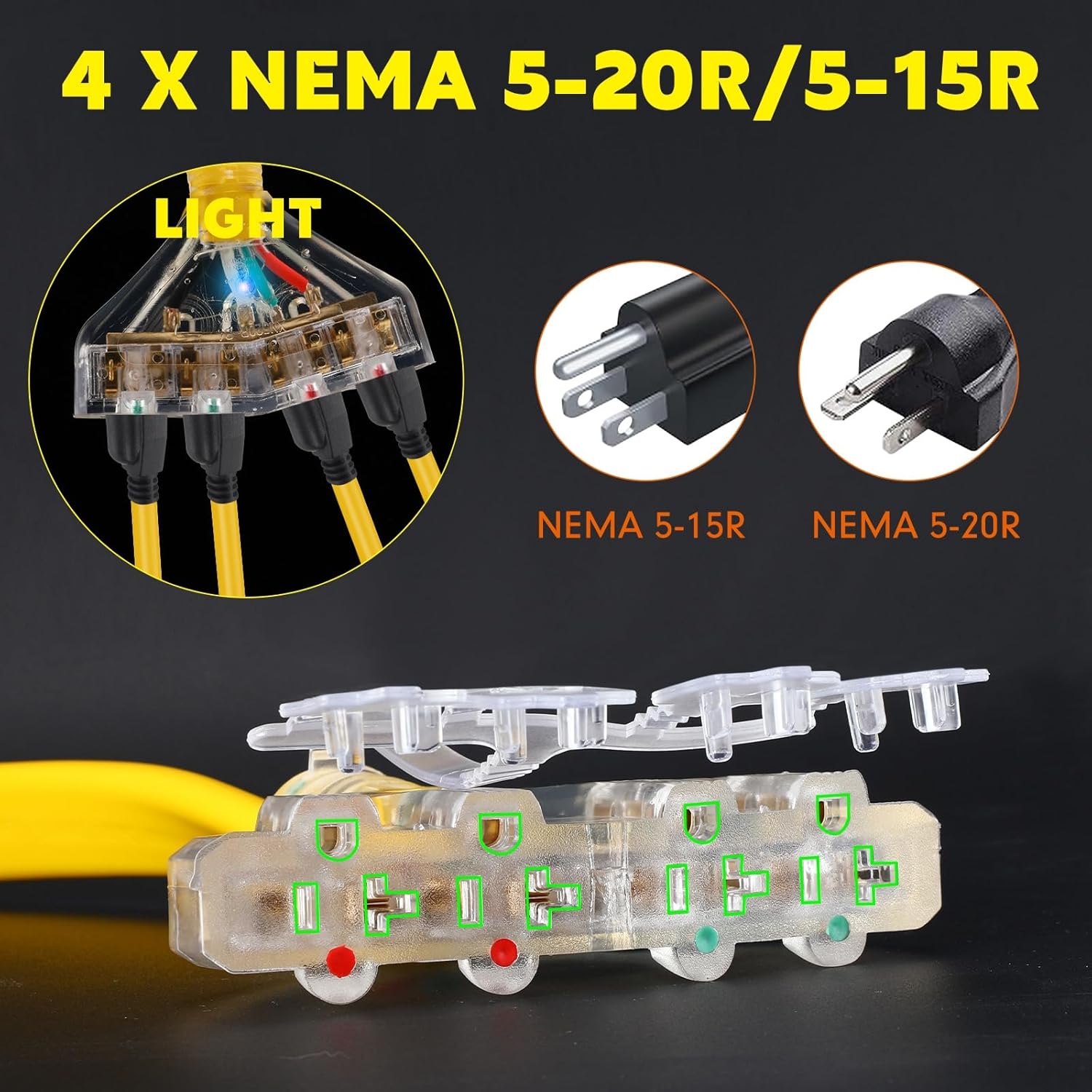 25 ft Flat Rv Generator Adapter Cord Compatible with Nema 14-50p to 4 x 5-20r/5-15r, 50a to 110v 15/20 a Household Outlet Adapter, 4 Prong 10 Gauge Rv Generator Extension Cord, Etl Listed