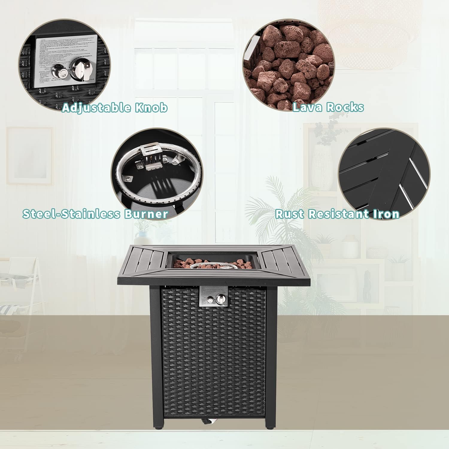 Outdoor Propane Fire Pit Table, 31 Inch 40,000BTU Black Brown Square Iron Gas Fire Table w Lid, Lava Rocks, Cover