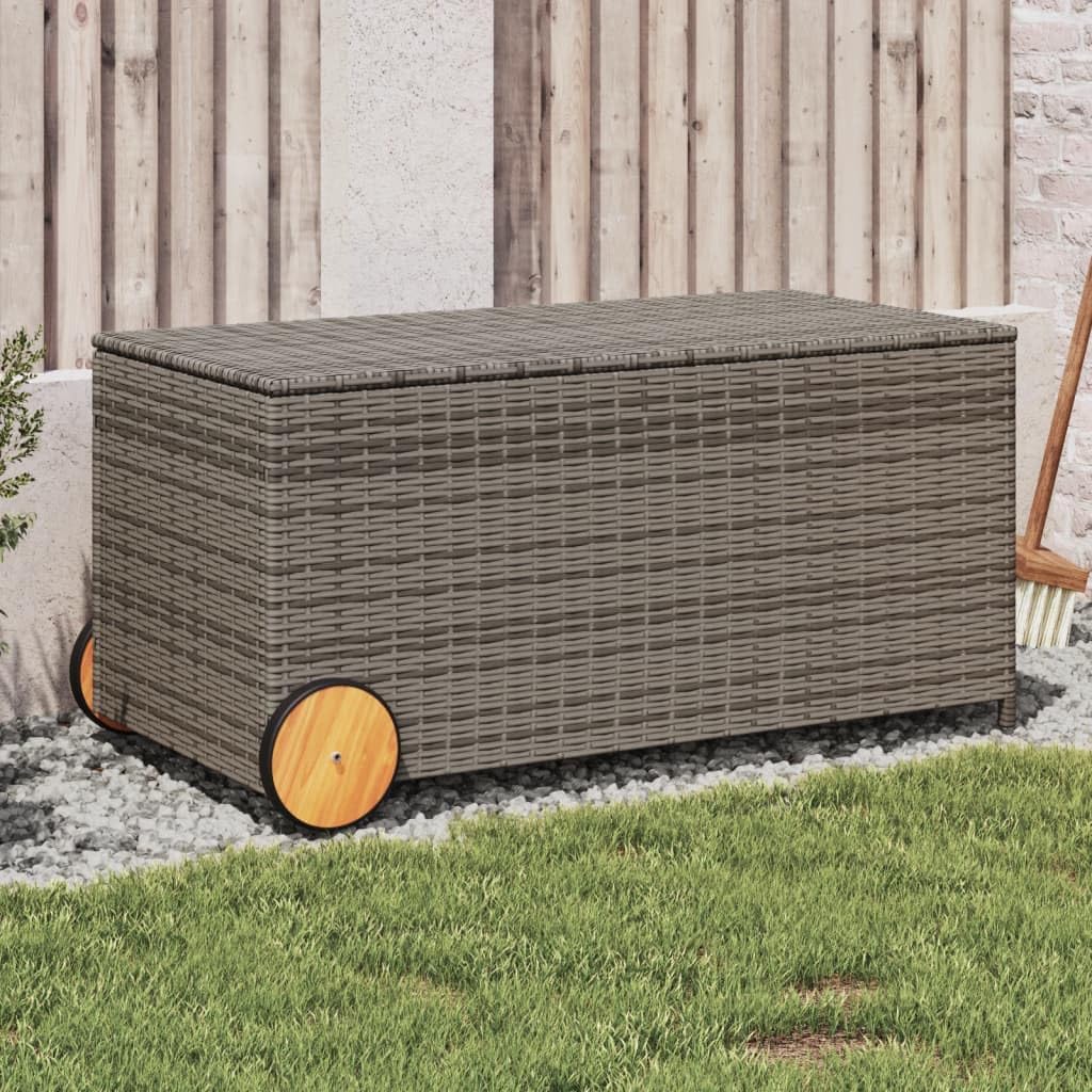Outdoor Garden Storage Box with Wheels, Wicker Patio Deck Box, Outdoor Rattan Storage Container, Gray 50.2 Gal Poly Rattan
