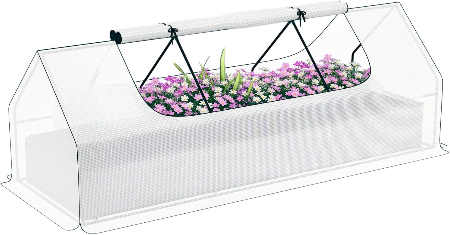 Outsunny 8.6 x 3 x 1ft Raised Garden Bed with Mini Greenhouse, Galvanized Raised Garden Bed with Cover for Herbs and Vegetables, Small Greenhouse for Patio Garden Balcony, White and Silver