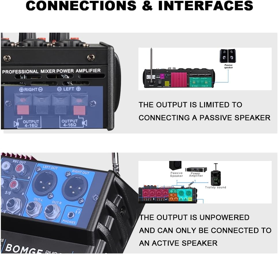 BOMGE 6 Channel dj powered audio sound mixer amplifier,100 W Stereo Speaker Home Audio Receiver effects, 48V phantom Power, USB, Bluetooth ，for home theater system, Karaoke, Streaming