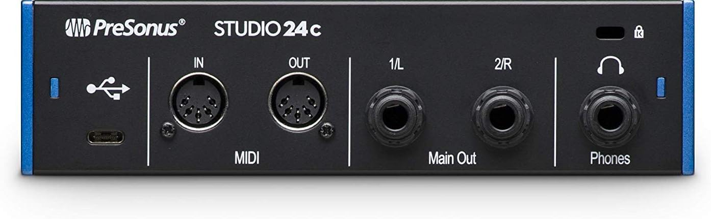 PreSonus Studio 24c 2x2 USB Type-C Audio/MIDI Interface with Eris E7 XT Pair 2-Way Studio Monitors with EBM Wave Guide Design and 1/4” Instrument Cable
