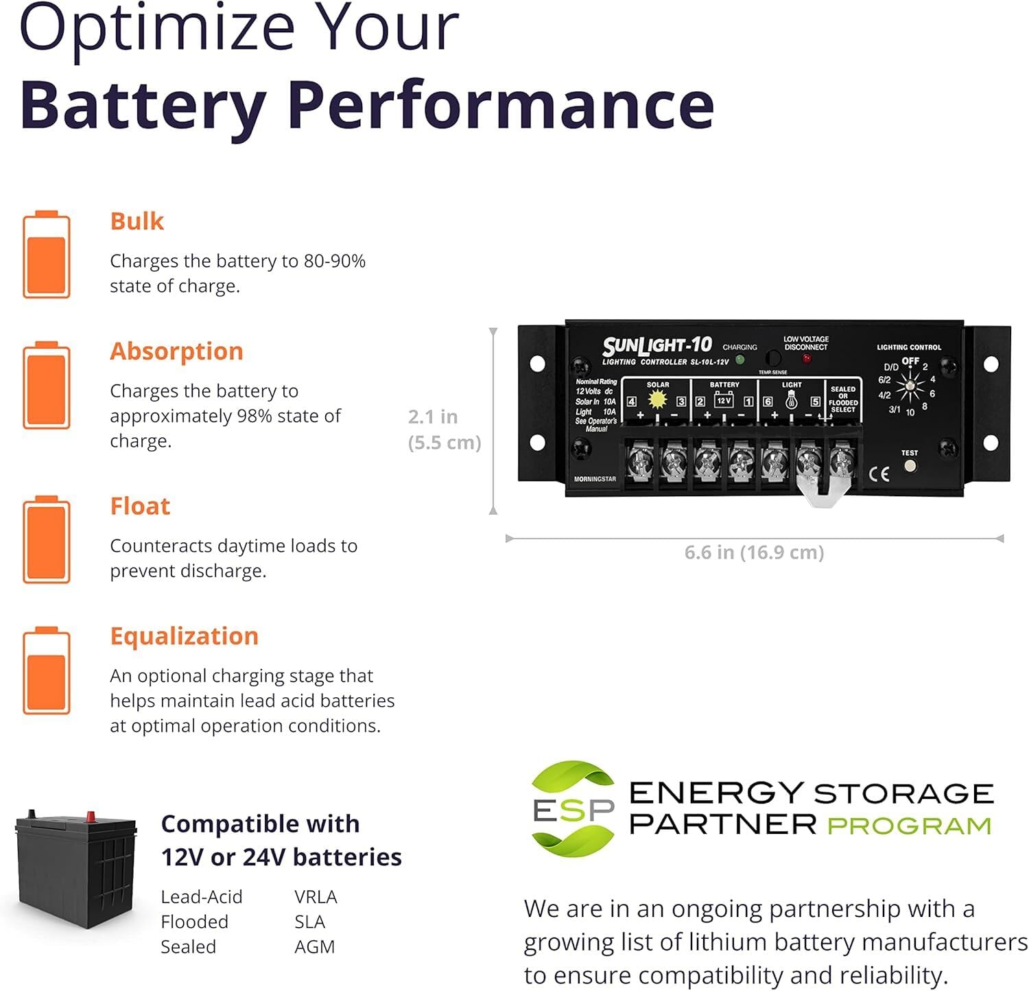 Morningstar Sunlight 20A Solar Charge Controller (SL-20L-12V) - Solar Panel Regulator for 12 Volt Batteries, Lighting Ctrl, Easy Setup, Corrosion Resistant Terminals, 5 Year WTY - Designed in The USA