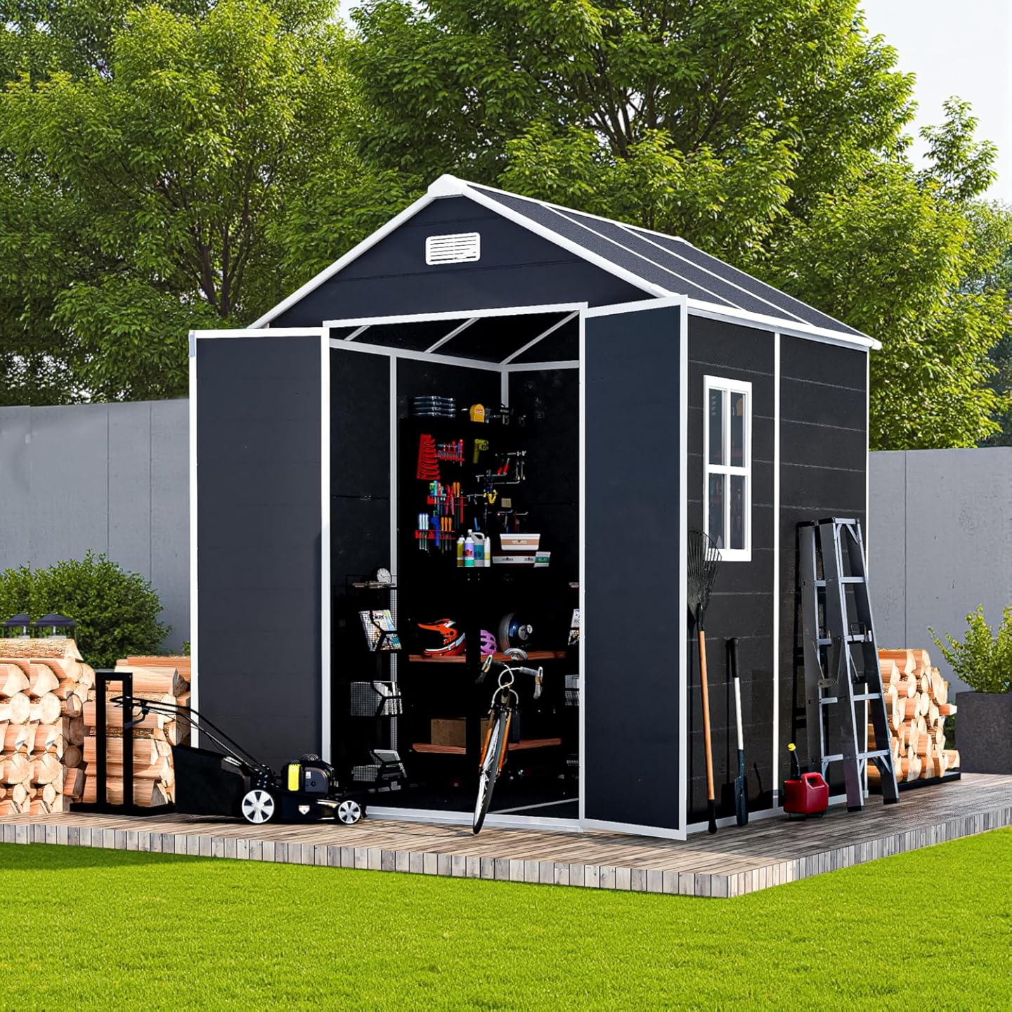 Outdoor Storage Shed 5.5FTx5.5FT, Resin Shed with Floor & Window, Lockable Door, Vents, Outside Sheds & Garden Shed for Patio Furniture, Gardening Tools, Pool Equipment (Dark Gray, 5.5 * 5.5ft)