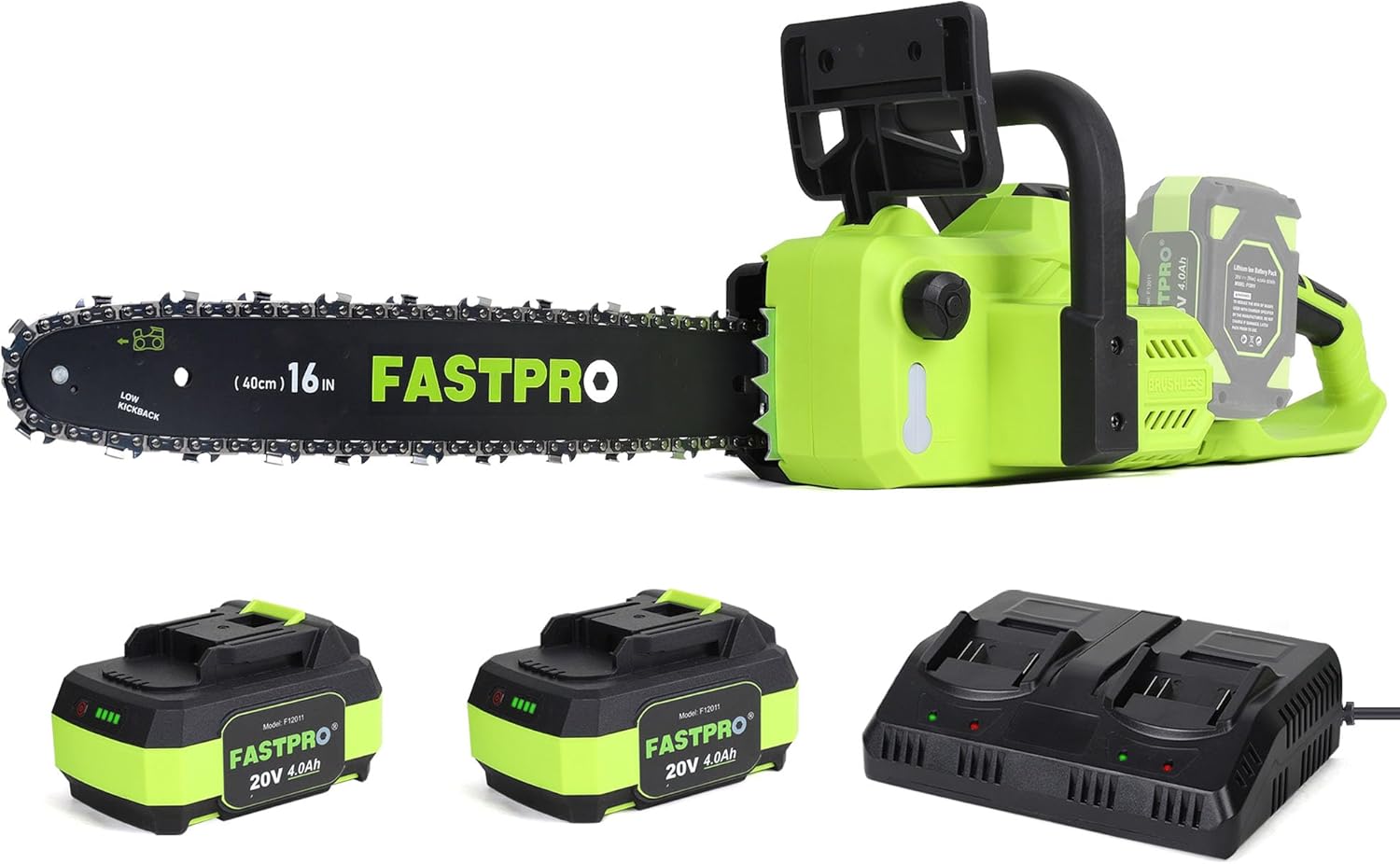 FASTPRO 40V 16-inch Cordless Chainsaw, Brushless Chain Saw Kit with 2 Batteries (4.0Ah) and Charger Base, For Wood Cutting & Trimming