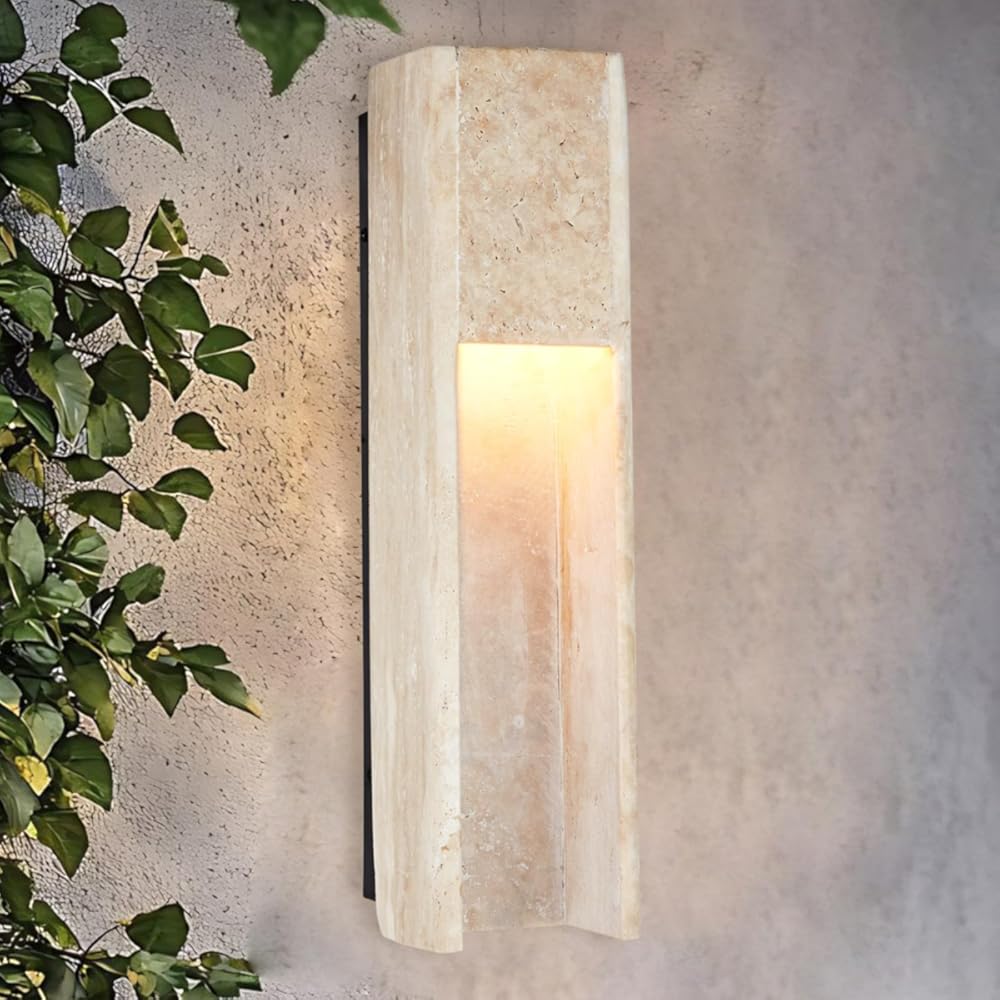 Japandi Square Ivory Travertine Wall Sconce, 19 Inch Natural Organic Stone Wall Lamp, Indoor Outdoor Rustic Wall Light Fixture for Entryway, Hallway, Bedroom, Living Room, Dining Room