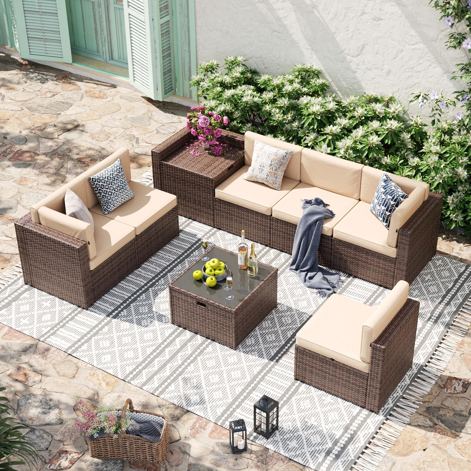 Aoxun 8 Piece Patio Furniture Set, Wicker Outdoor Furniture Set with Storage Box and Glass Top Table, Patio Sectional Set with Thickened Cushions and Include Waterproof Cover (Brown & Khaki)