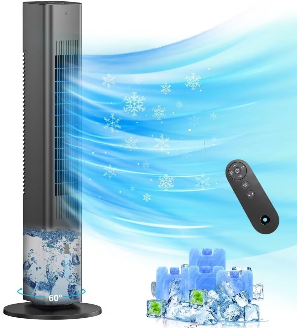 Windowless Portable Air Conditioner Ac Units with Remote, Evaporative Air Tower Cooling Fan, Small Indoor Outdoor Oscillating Swamp Cooler for Room Office Kitchen,7H Timer, Black