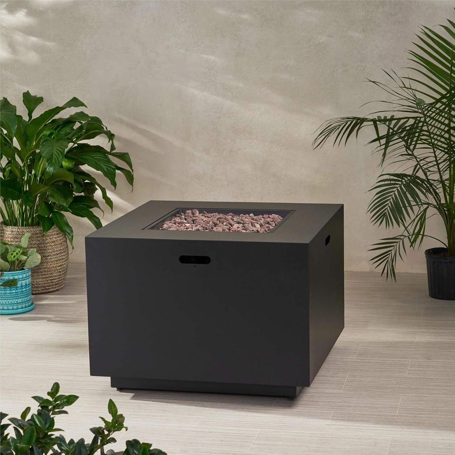 Outdoor Fire Pit Table Outdoor Patio Propane Fire Pit 24'' H X 33'' W Square Iron Gas-Burning Fire Pit - 50,000 BTU, Tank in Side, Dark Grey