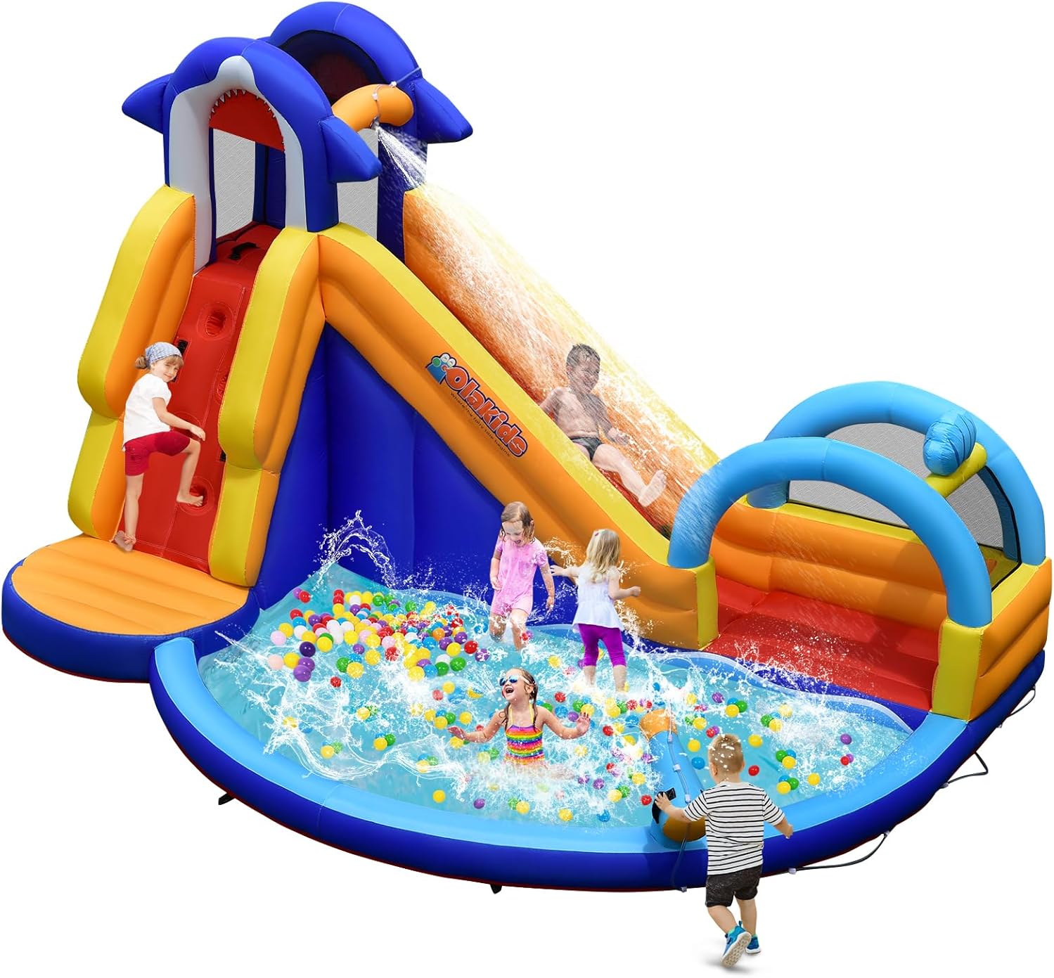 OLAKIDS Inflatable Water Slides, 14FT x 10FT x 8.5FT Shark Theme Bouncy House with Slide, Splash Pool, Climbing Wall, Water Gun, Outdoor Jumping Castle with Hose Carry Bag Stakes