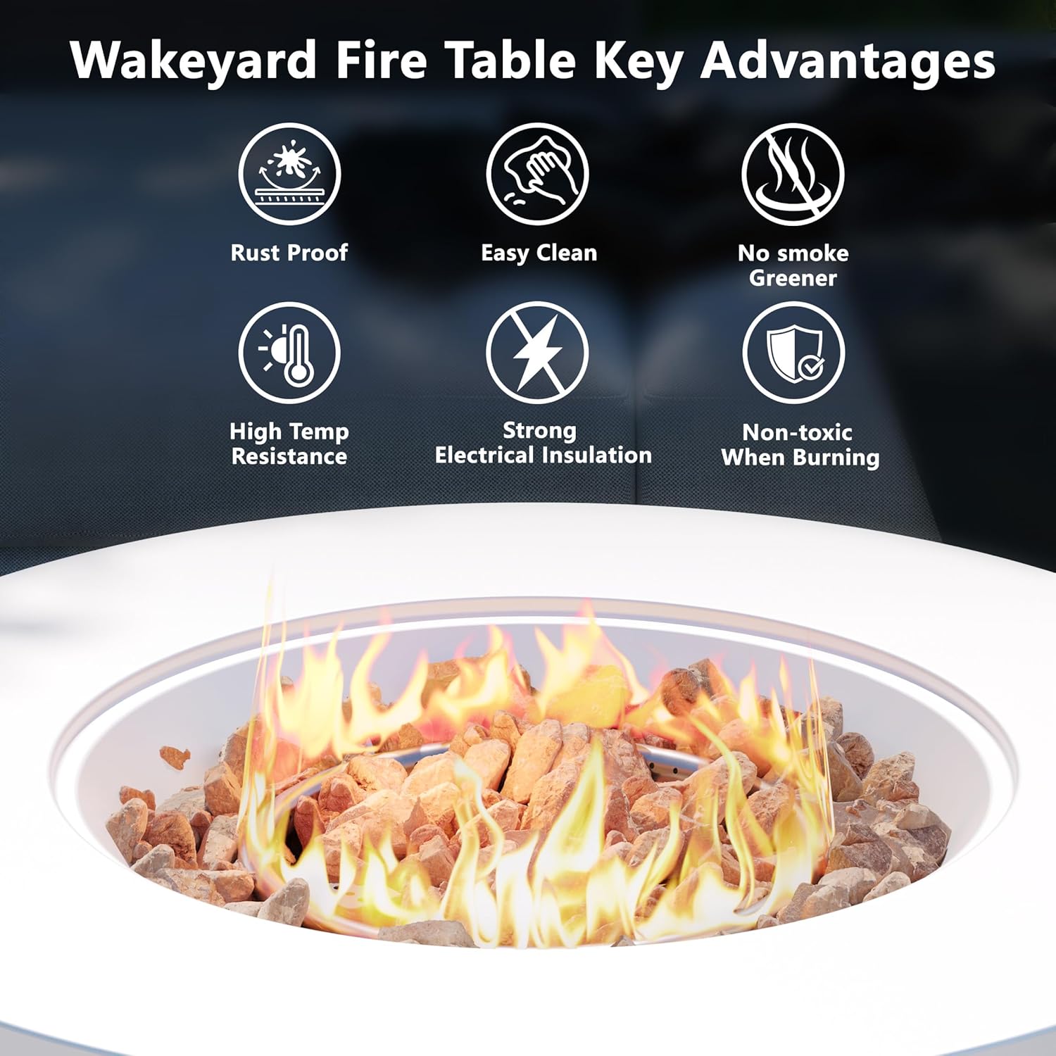 32 inch Round Propane Fire Table, 50,000 BTU Gas FirePit, Patio Fire Pit Table with Steel Lid, Rain Cover, 10ft Propane Hose, Lava Rocks, White