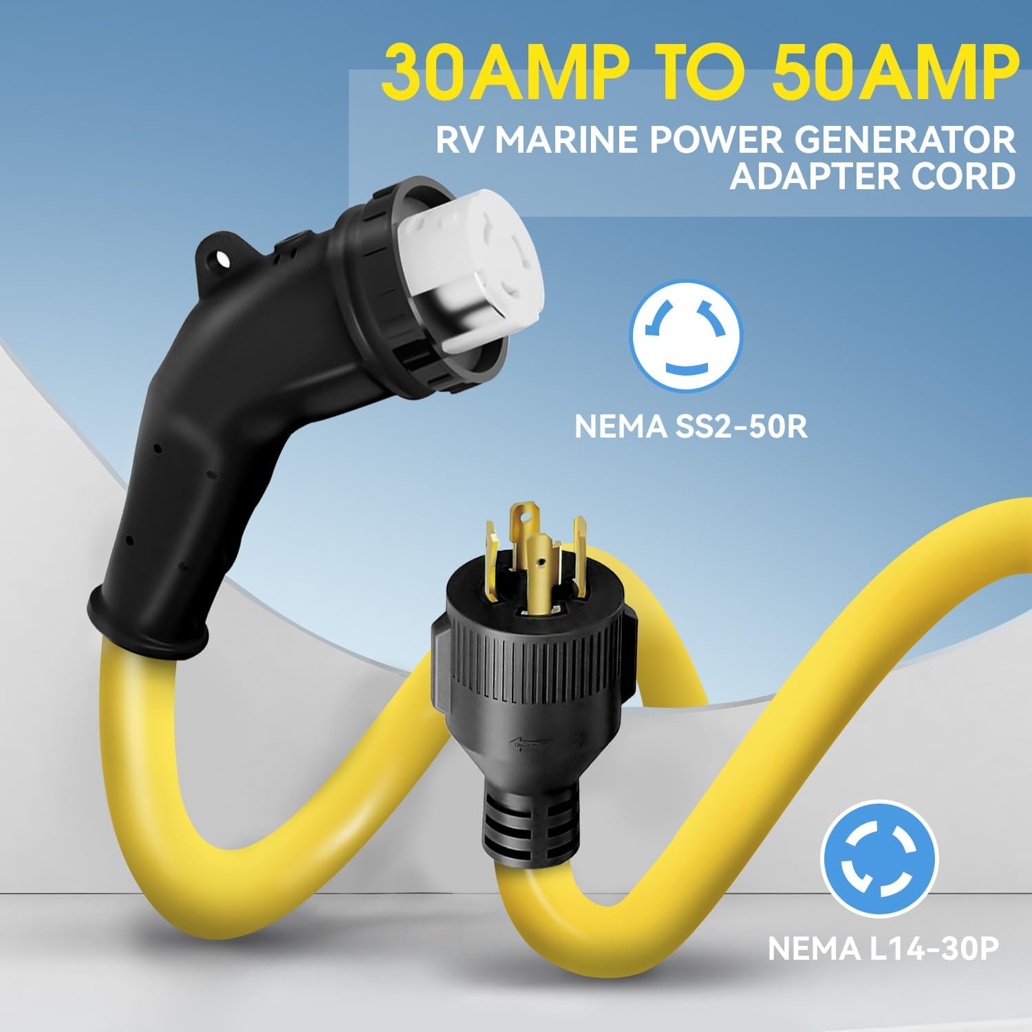 25FT NEMA L14-30P to SS2-50R RV Marine Power Generator Adapter Cord, 30A 4 Prong Locking Generator L14-30P Male to 50A Marine Shore Power SS2-50R Female with 135° Elbow Grip Handle LED Power Indicator