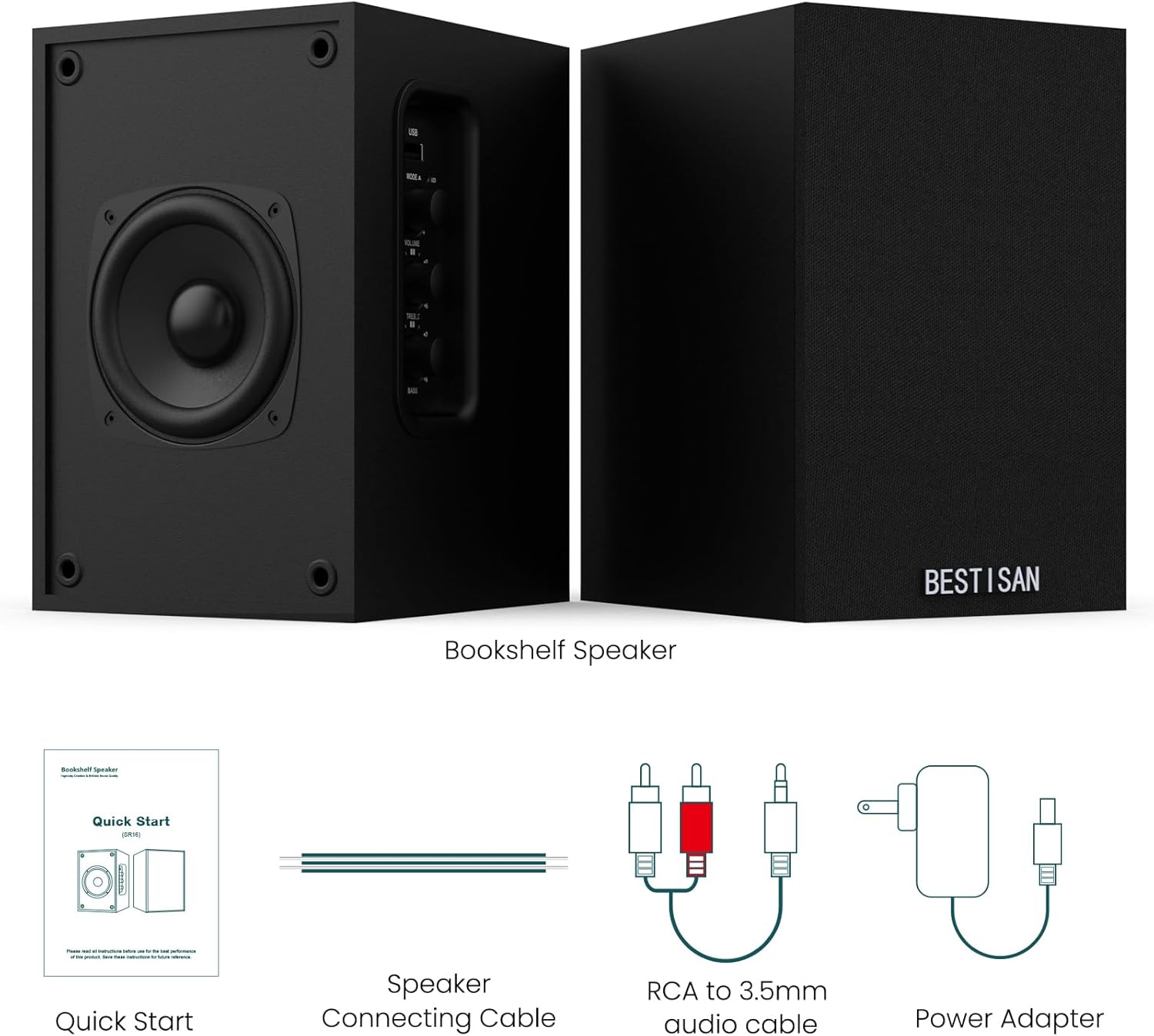 BESTISAN Active Bookshelf Speakers for Record Player, Powered Studio Turntable Speakers, for TV, PC and Wireless Music Streaming Featuring Bluetooth and RCA (SR16)