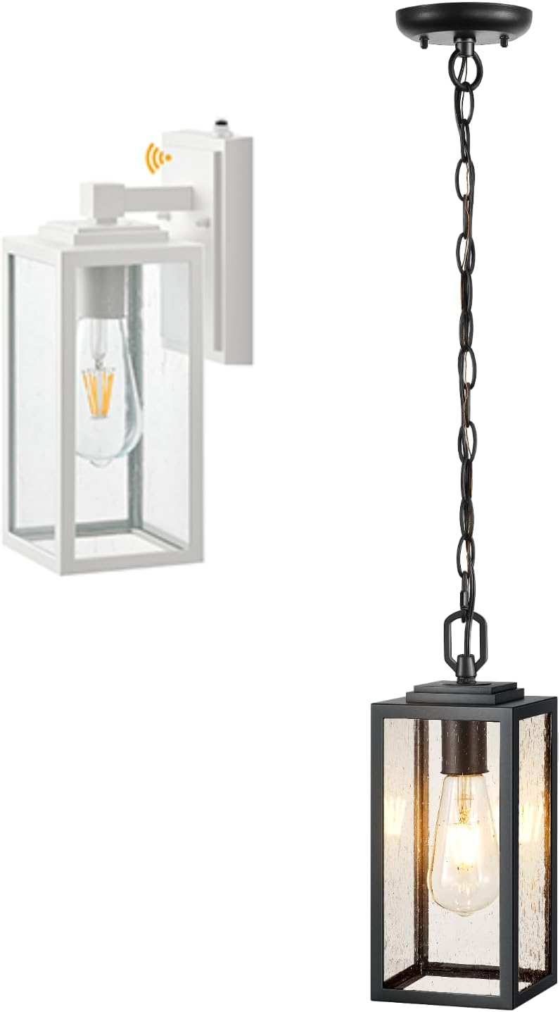 VIANIS Dawn to Dusk Outdoor Light Fixture Lamps, White Exterior Lighting Wall Mount Sconce, Black Outdoor Hanging Lights for Front Porch, Exterior Pendant Light Fixture with Anti-Rust Adjustable Chain