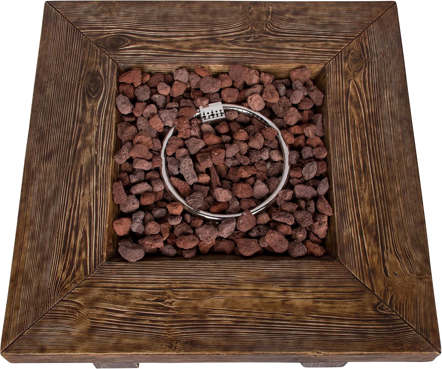 Shine Company Merida 34.5 in Square 50,000 BTU Outdoor Glass Reinforced Concrete Propane Gas Fire Pit Table w/GFRC Tabletop, Stainless Steel Burner, Lava Rocks, Natural Wood Look -Brown