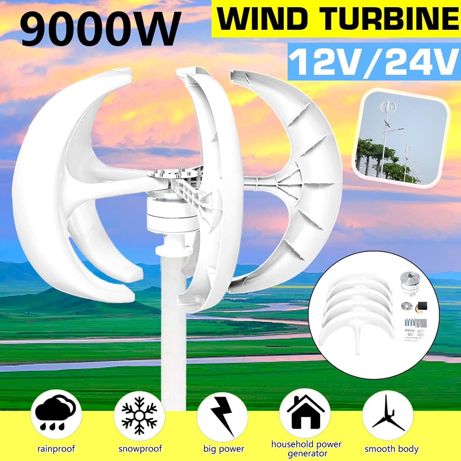 Wind Generator, 9000W DC 12V 24V Low Wind Speed Starting Wind Turbine Generator Vertical Wind Generator Kit with Wind Controller Kit (White)