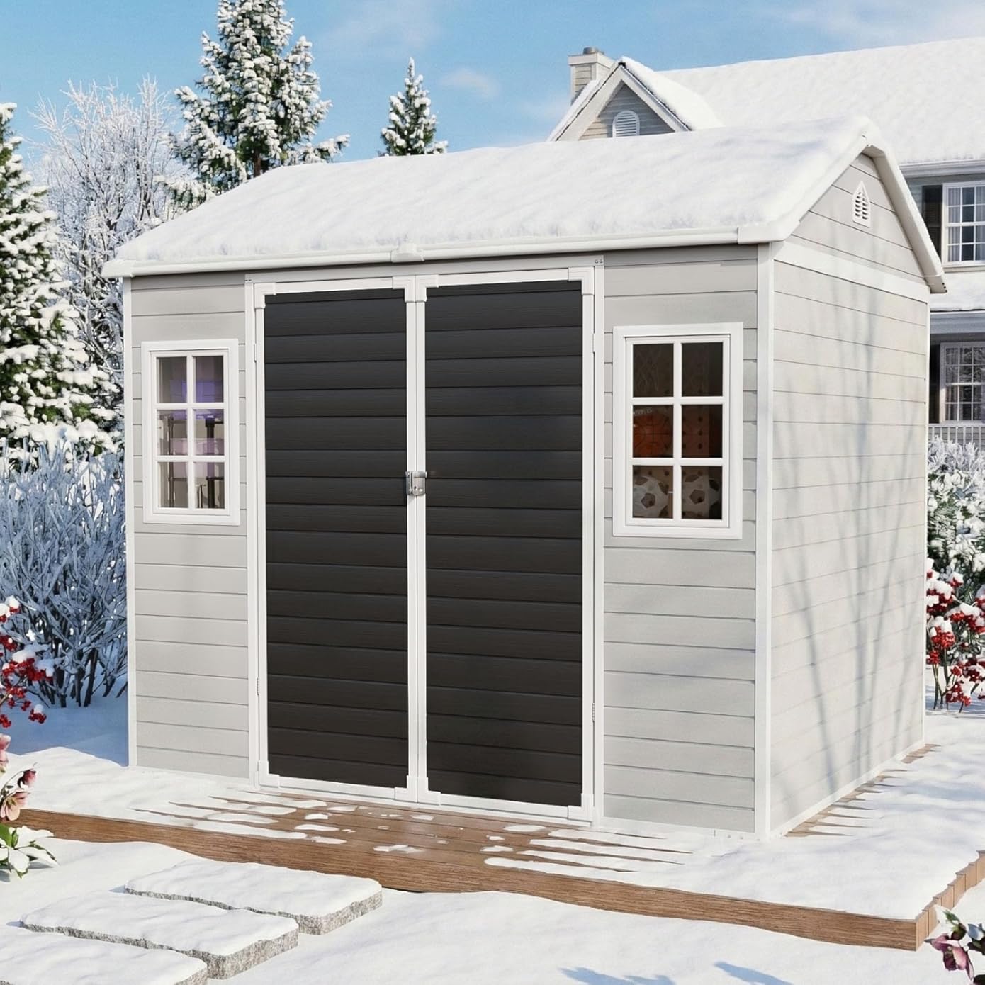 Outdoor Resin Storage Shed 8x6x7 FT with Floor 2 Windows, Reinforced Frame Large Waterproof Plastic Garden Sheds Kit with Base for Backyard Patio Lawn Tools Storage, Gray