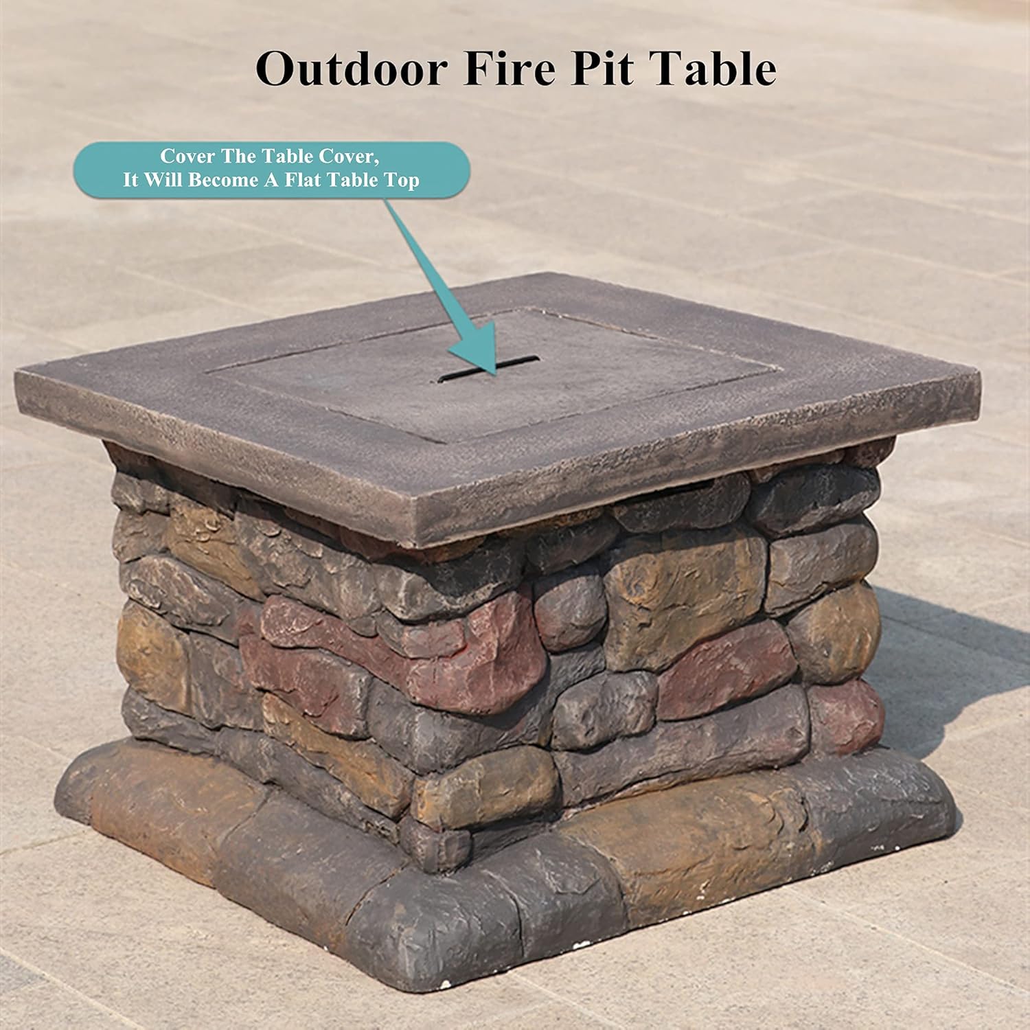 Luxurious Fire Pit Table, Outside Fire Pit Table & Coffee Table, Square Patio Firetable & Picnic Side Table, for Backyard, Garden, Camping, Party, Deck, Courtyard