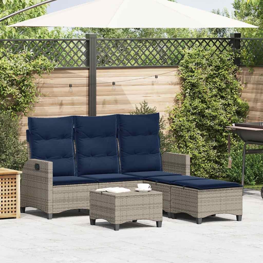 L-Shaped Garden Sofa Set, Grey PE Rattan, Navy Blue Cushions, Outdoor Patio Furniture for 6 People, Weather-Resistant, 70.9 x 69.3 x 35.8 in