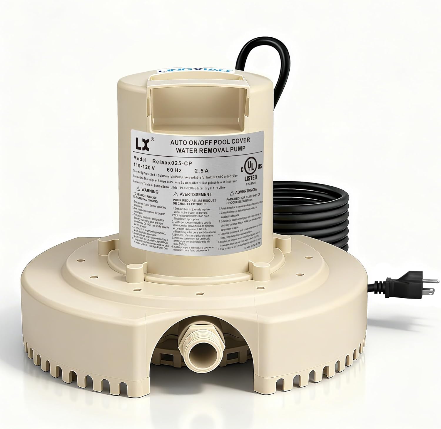 1/4HP Pool Cover Pump Automatic On Off, 1860GPH, 115V Submersible Water Pump with 25ft Power Cord & 3/4” Check Valve Adapter for Inground/Above Ground Pool, Hot Tubs, Basement