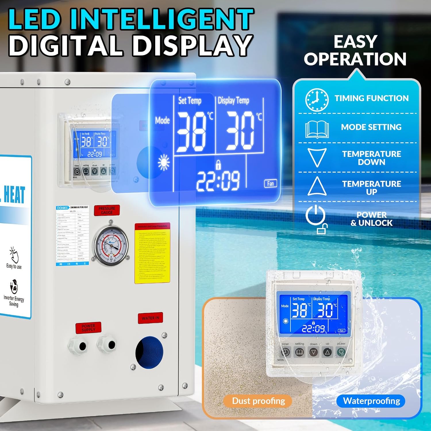 72000 BTU Pool Heater, for 9000 Gallons Inground Ground Pools,Swimming Pool Heaters,230V~240V with Digital Display Multi-Protectionle Timer, Heating and Cooling Pool Heater