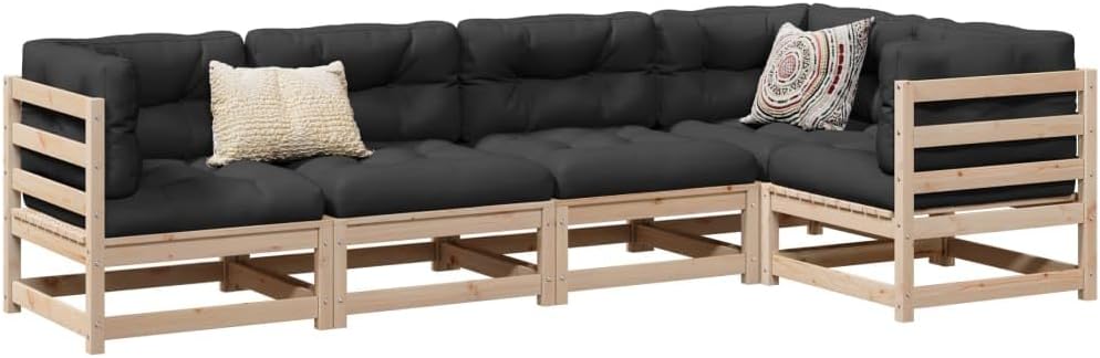 Garden Sofa Set, Natural Solid Pine Wood, 5 Piece Modular Patio Furniture, Outdoor Table and Chairs for Balcony, Dining, Relaxing