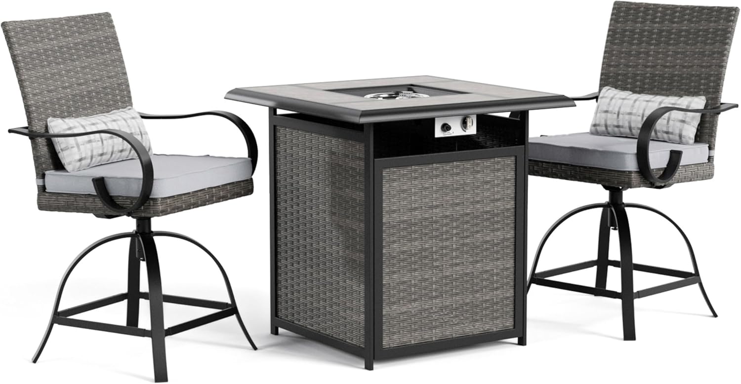 Greemotion USA Arosa Outdoor Bistro Set 3-Piece Bar Height Fire Pit Brown Wicker Rattan with Swivel Chairs and 50000 BTU Gas Firepit Table Flame Box Backyard Garden Patio, Gray and Black