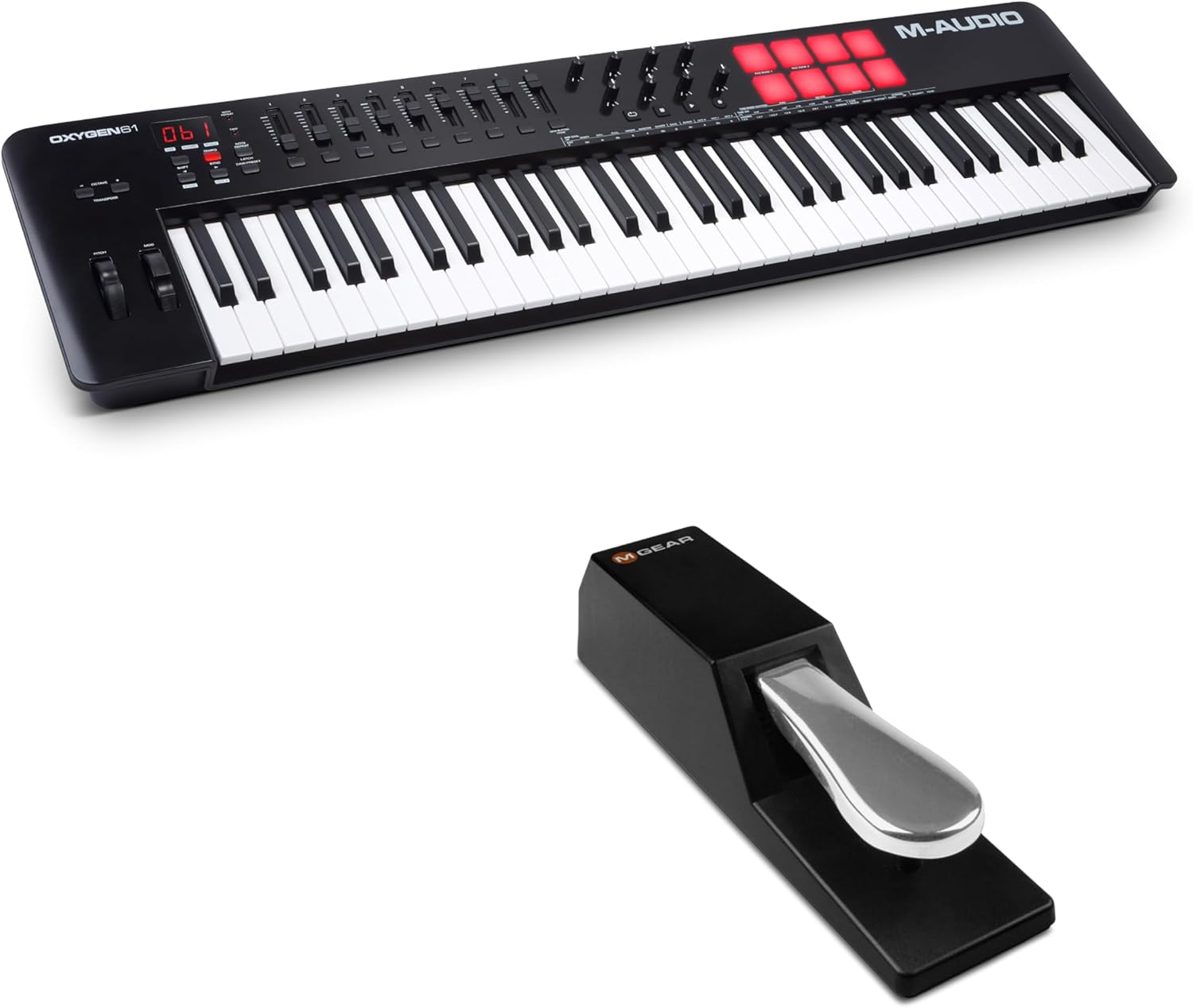 MIDI Controller Bundle - 61-Key USB MIDI Keyboard Controller with Beat Pads, Sustain Pedal and Software Suite - M-Audio Oxygen 61 MKV and SP-2