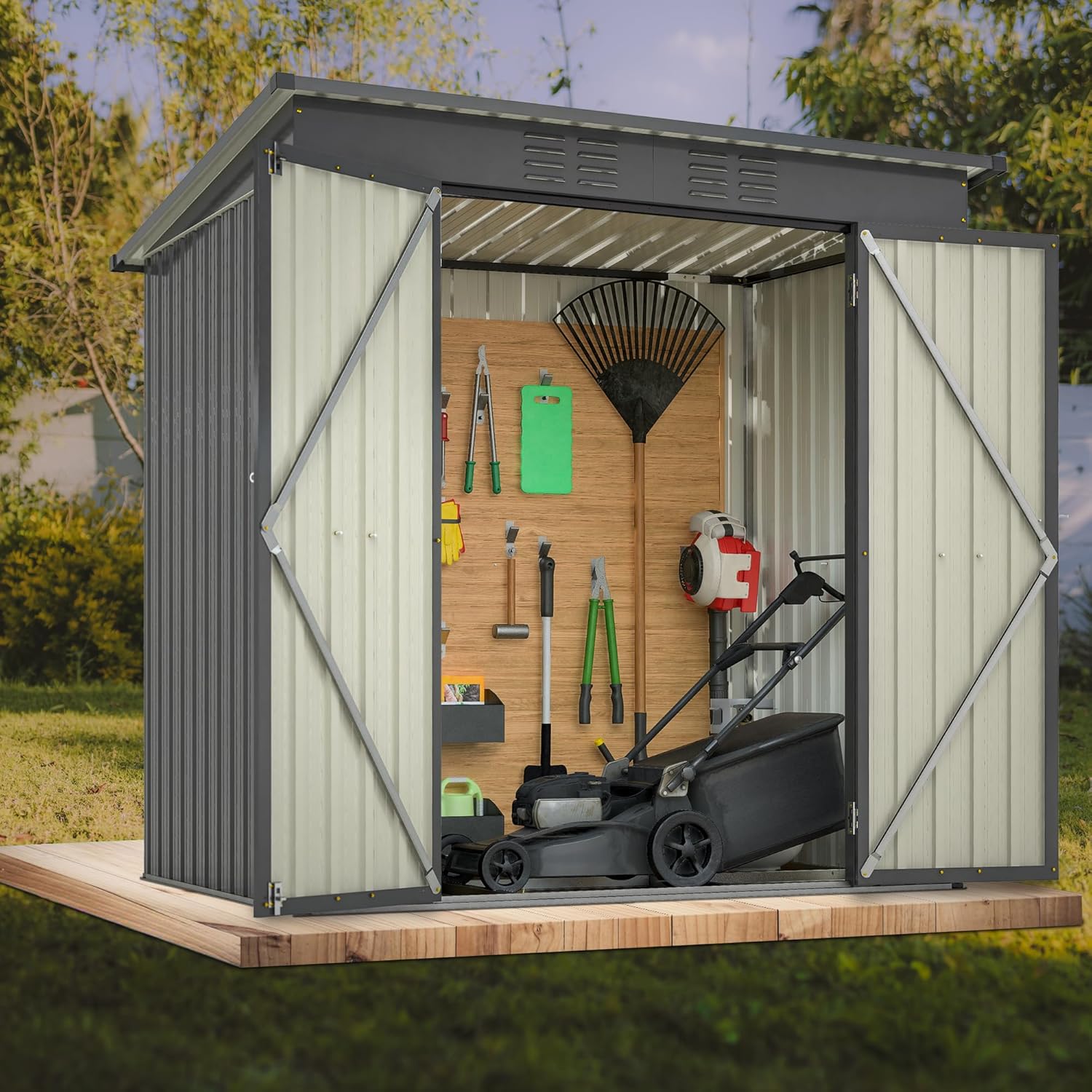 Outdoor Storage Shed, 6 X 4ft Metal Galvanized Steel Garden Shed with Floor Frame, Utility Tool Shed Storage House for Backyard, Patio, Lawn