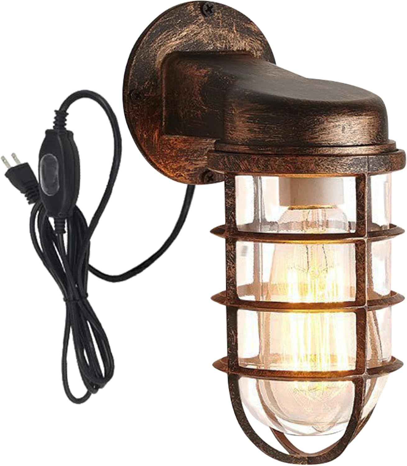Kiven Waterproof Exterior Outdoor/Indoor Cage Light, Plug-in Wall Mount Lantern Light, Industrial Porch Light with 5.9FT Waterproof Plug-in Cord for Front Door Garage Patio,Copper