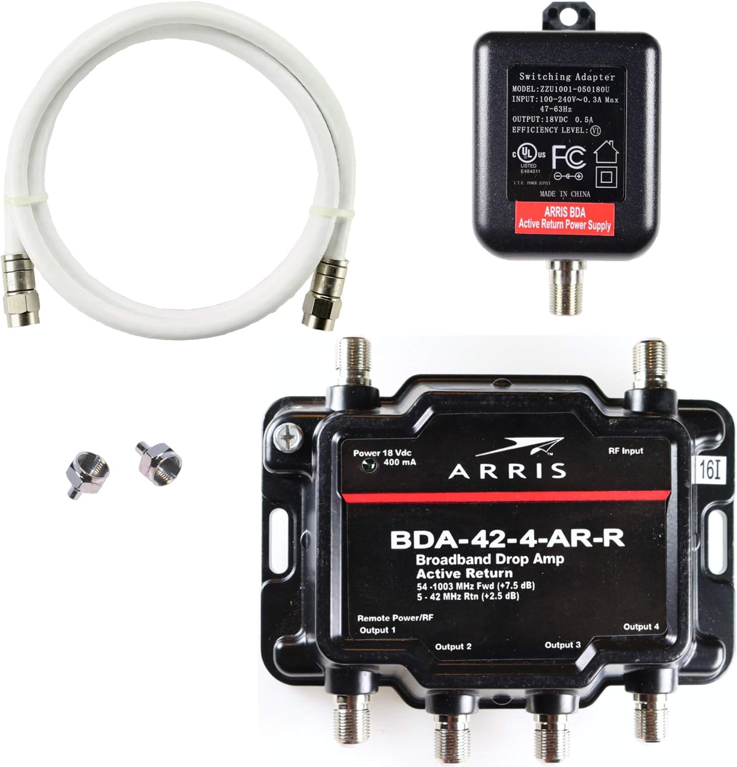 Arris 4-Port Cable Modem, TV, HDTV Amplifier Splitter Signal Booster with Active Return and Coax Cable Kit