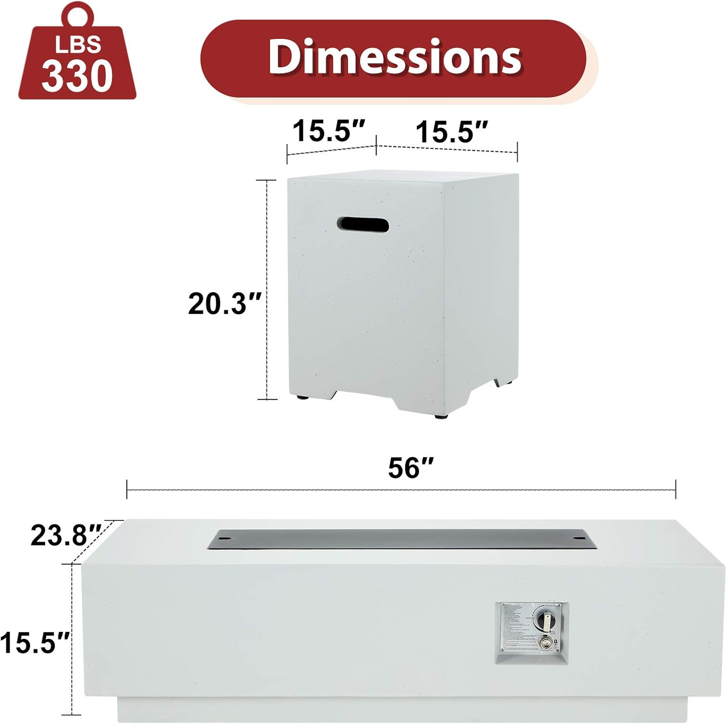 ECOTOUGE 2-Piece 56Inch Outdoor Propane Fire Pit Table Set with 20 Gallon Gas Tank Side Table, 50,000 BTU Rectangular Concrete Fire Pit, w/Weather Rust-Resistant Cover, Outdoor Furniture