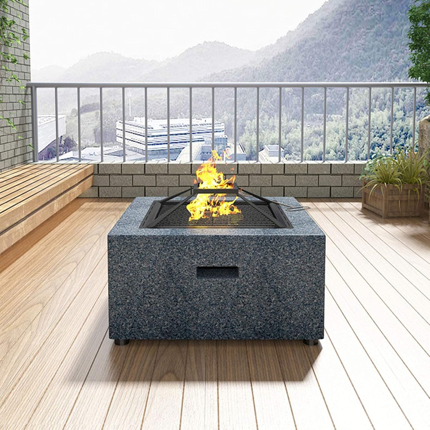 Outdoor Fire Pit Bowl,Fire Pit with BBQ Grill Shelf 70cm Fire Bowl Out of Steel with an Edging of MgO Artificial Stone with Waterproof Cover