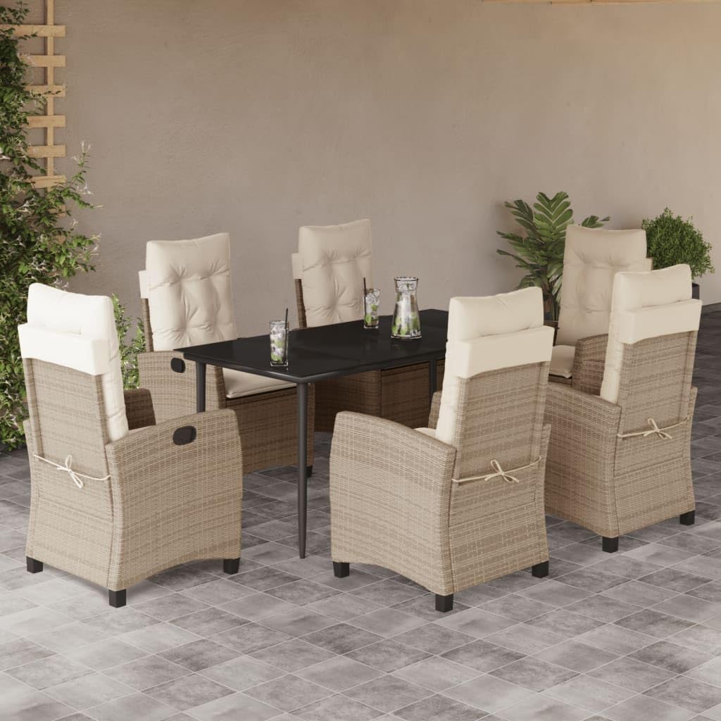 7 Piece Patio Dining Set with Cushions Beige Poly Rattan,Premium Outdoor Dining Table and Chairs Set with Reclining and Adjustable Design for Garden and Patio Furniture Sets for Patio, Lawn & Garden