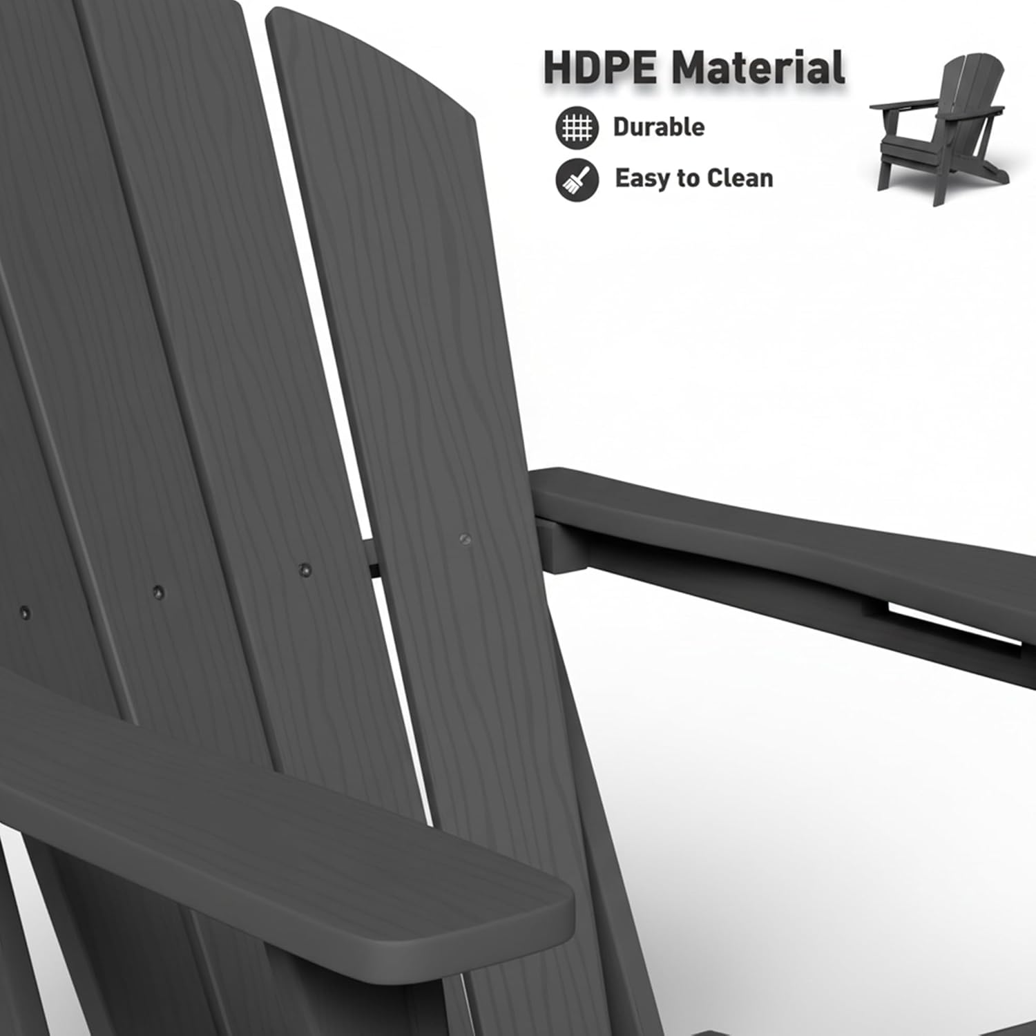 GLANC Folding Adirondack Chair Set of 2, HDPE All-Weather Outdoor Patio Fire Pit Chairs Lawn Chair for Poolside Backyard Deck Balcony, Wooden Textured with Cup Holder, 380LBS Capacity (Black)